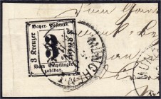 Briefmarken
Deutschland
Altdeutschland
3 Kreuzer Portomarke 1862, sauber gestempelt auf Briefstück, vom linken Seitenrand, bestens geprüft Schmidt ...