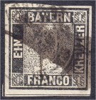 Briefmarken
Deutschland
Altdeutschland
1 Kreuzer schwarzgrau bis grauschw. 1849, OPD-Stempel "WÜRZBURG", starker Federstrich, sonst tadellos. Fotoa...