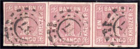 Briefmarken
Deutschland
Altdeutschland
1 Kreuzer Freimarken 1850, sauber gestempelt mit oMR ,,37 Bayreuth", waagerechter 3er -Streifen in Kabinette...