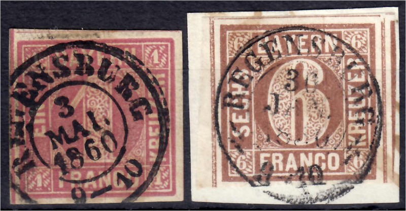 Briefmarken
Deutschland
Altdeutschland
1 Kreuzer und 6 Kreuzer 1849/50 zwei t...