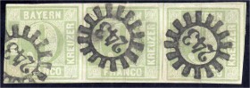 Briefmarken
Deutschland
Altdeutschland
9 Kreuzer Freimarken 1850, waagerechter 3er -Streifen, nur oben links leicht berührt, sonst tadellos. Mi. 45...