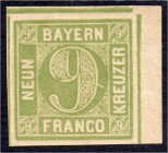 Briefmarken
Deutschland
Altdeutschland
9 Kreuzer 1850, ungebraucht in Luxuserhaltung, breitrandiger Schnitt, rechte obere Bogenecke mit Plattenfehl...