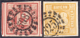 Briefmarken
Deutschland
Altdeutschland
12 Kreuzer + 18 Kreuzer Freimarken 1850, zwei Werte in Luxuserhaltung, vollrandig, 12 Kr. signiert und 18 Kr...
