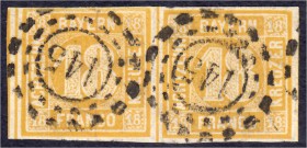 Briefmarken
Deutschland
Altdeutschland
18 Kreuzer gelblichorange 1850, sauber gestempelt, waagerechtes Paar in Luxuserhaltung, bestens geprüft Bret...