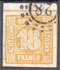 Briefmarken
Deutschland
Altdeutschland
18 Kreuzer 1850, sauber gestempeltes Luxusstück mit Oberrand, bestens geprüft Pfenninger.
gestempelt