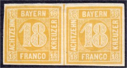 Briefmarken
Deutschland
Altdeutschland
18 Kreuzer gelblichorange 1850, ungebraucht, waagerechtes Paar, geprüft Brettl BPP.
*