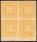 Briefmarken
Deutschland
Altdeutschland
18 Kreuzer gelblichorange 1850, ungebrauchter Viererblock mit Falz, vollrandig, unsigniert.
*