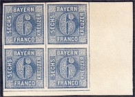 Briefmarken
Deutschland
Altdeutschland
6 Kreuzer Freimarken 1862, ungebrauchter Viererblock vom Seitenrand (3 Marken postfrisch), Luxuserhaltung, u...