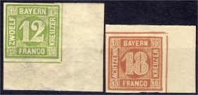 Briefmarken
Deutschland
Altdeutschland
12 Kreuzer und 18 Kreuzer Freimarken 1862, zwei ungebrauchte Werte in Kabinetterhaltung, rechte untere bzw. ...