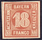 Briefmarken
Deutschland
Altdeutschland
18 Kreuzer Freimarke 1862, ungebraucht mit Falz, vollrandig, Luxuserhaltung, frische und tiefe Farbe, doppel...