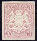 Briefmarken
Deutschland
Altdeutschland
3 Kreuzer Freimarke 1867, ungebrauchter Neudruck für die Wiener Weltausstellung im Jahr 1873, angefertigte N...
