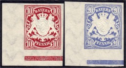 Briefmarken
Deutschland
Altdeutschland
10 + 20 Pfennig Staatswappen 1888, ungezähnt in postfrischer Luxuserhaltung, linke untere Bogenecke mit Sign...