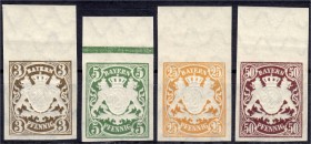 Briefmarken
Deutschland
Altdeutschland
3 Pf. - 50 Pf. Staatswappen 1890, ungezähnt, kompletter Satz in postfrischer Kabinetterhaltung vom Oberrand,...
