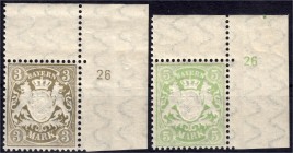 Briefmarken
Deutschland
Altdeutschland
3 M + 5 M Staatswappen 1900, postfrische Kabinetterhaltung, je aus rechter oberen Bogenecke mit Plattennumme...