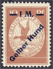 Briefmarken
Deutschland
Deutsches Reich
1 M auf 10 Pf. Gelber Hund 1912, postfrische Erhaltung, unsigniert. Mi. 2.800,-€.
**