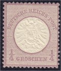 Briefmarken
Deutschland
Deutsches Reich
1/4 Groschen großer Brustschild 1872, postfrische Luxuserhaltung, bestens geprüft Pfenninger.
**