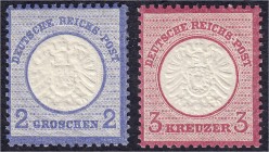 Briefmarken
Deutschland
Deutsches Reich
2 Gr. und 3 Kr. großer Brustschild 1872, 2 Werte in postfrischer Luxuserhaltung, unsigniert.
**