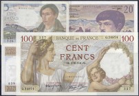 Banknoten
Ausland
Frankreich
4 bessere Scheine: 100 Francs 2.10.1941, 5 Fr. 2.6.1943, 20 Francs 1981 und 1993.
meist I