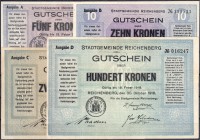 Banknoten
Ausland
Österreich
Stadtgemeinde Reichenberg: 5, 10, 20 und 100 Kronen Gutscheine 30.10.1919. I bis II-III, selten