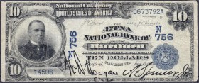 Banknoten
Ausland
Vereinigte Staaten von Amerika
10 Dollar National Currency 12.1.1905, Aetna National Bank of Harford/Connecticut. Hand-Unterschri...