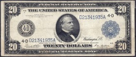 Banknoten
Ausland
Vereinigte Staaten von Amerika
20 Dollars mit blauem Siegel 1914 Cleveland. III-, eine Ecke hinterlegt, selten