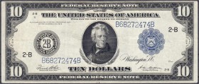 Banknoten
Ausland
Vereinigte Staaten von Amerika
10 Dollars mit blauem Siegel 1914 New York. Var. mit großem 2-B.
III, selten