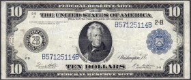Banknoten
Ausland
Vereinigte Staaten von Amerika
10 Dollars mit blauem Siegel 1914 New York. Var. mit kleinem 2-B.
III, selten