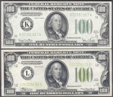 Banknoten
Ausland
Vereinigte Staaten von Amerika
2 X 100 Dollars 1934 mit dunkelgrünem (1934 D) und hellgrünem Siegel.
II und III