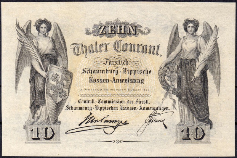 Banknoten
Altdeutschland
Schaumburg-Lippe
10 Thaler Courant v. 2. Januar 1857...