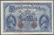 Banknoten
Die deutschen Banknoten ab 1871 nach Rosenberg
Deutsches Reich, 1871-1945
5 Mark 05.08.1914. KN 7-stellig, Serie V.
I, selten in dieser ...