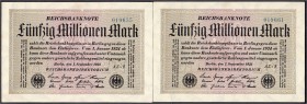 Banknoten
Die deutschen Banknoten ab 1871 nach Rosenberg
Deutsches Reich, 1871-1945
2 X 50 Mio. Mark 1.9.1923. KN 6-stellig, dunkelblau. Beide mit ...