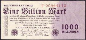 Banknoten
Die deutschen Banknoten ab 1871 nach Rosenberg
Deutsches Reich, 1871-1945
1 Bio. Mark 1.11.1923. KN 8-stellig, Serie F.
II