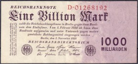 Banknoten
Die deutschen Banknoten ab 1871 nach Rosenberg
Deutsches Reich, 1871-1945
1 Bio. Mark 1.11.1923. KN 8-stellig, Serie D.
II