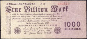 Banknoten
Die deutschen Banknoten ab 1871 nach Rosenberg
Deutsches Reich, 1871-1945
1 Bio. Mark 1.11.1923. KN 6-stellig, FZ: N braun.
III-, selten