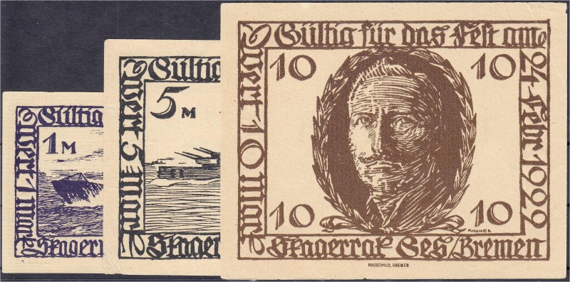 Banknoten
Deutsches Notgeld und KGL
Bremen (Bremen)
3 Scheine zu 1, 5 und 10 ...