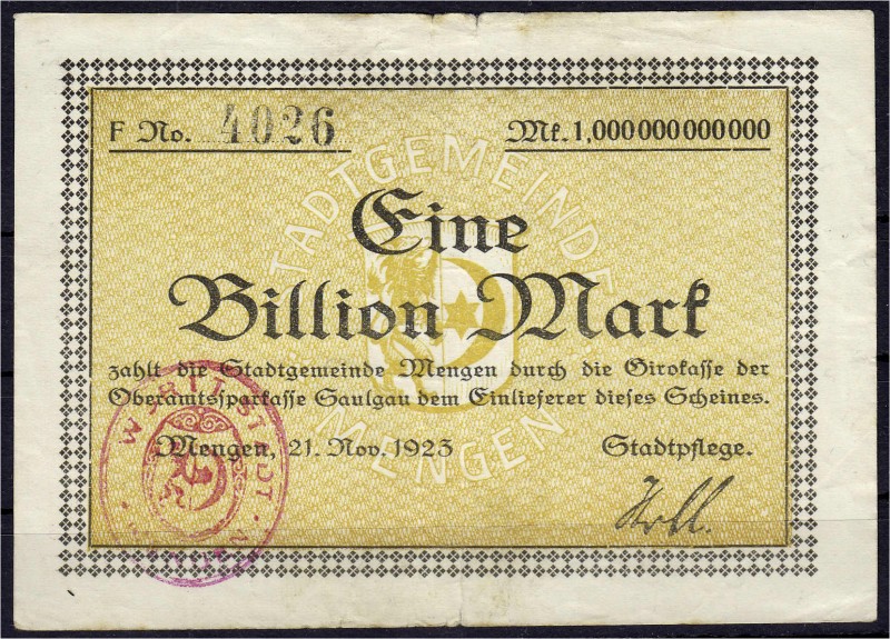 Banknoten
Deutsches Notgeld und KGL
Mengen (Württemberg)
Eine Billion Mark 21...