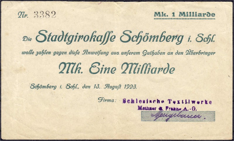 Banknoten
Deutsches Notgeld und KGL
Schömberg (Schlesien)
Schlesische Textilw...