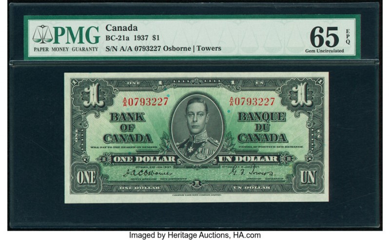 Canada Bank of Canada $1 2.1.1937 Pick 58a BC-21a PMG Gem Uncirculated 65 EPQ. 
...