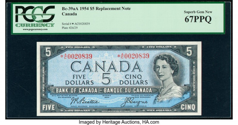 Canada Bank of Canada $5 1954 Pick 78 BC-39aA Replacement PCGS Superb Gem New 67...