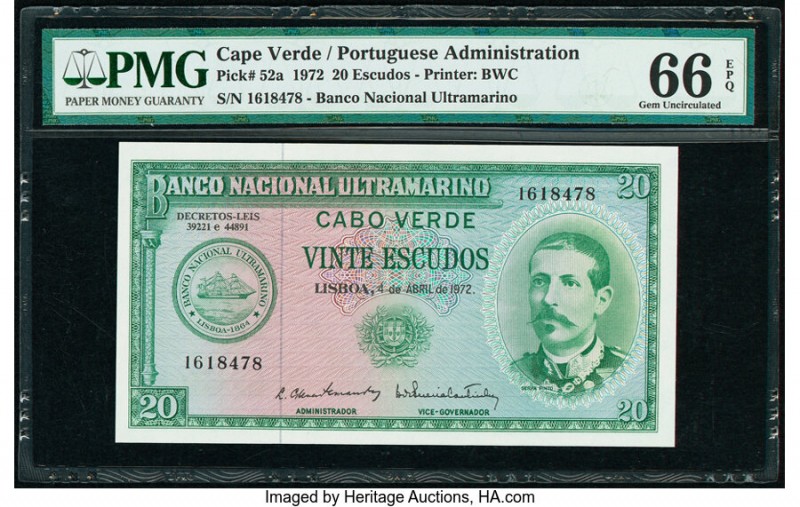 Cape Verde Banco Nacional Ultramarino 20 Escudos 4.4.1972 Pick 52a PMG Gem Uncir...
