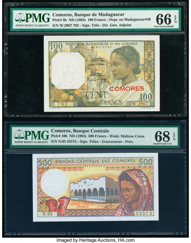 Comoros Banque de Madagascar; Banque Centrale 100; 500 Francs ND (1963); ND (199...
