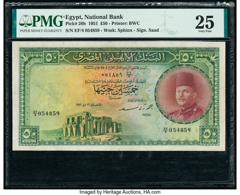 Egypt National Bank of Egypt 50 Pounds 1951 Pick 26b PMG Very Fine 25. Minor rep...