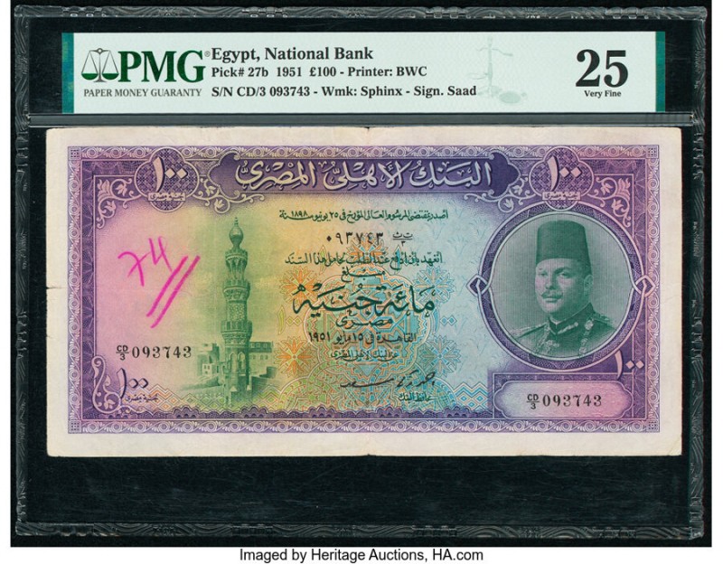 Egypt National Bank of Egypt 100 Pounds 1951 Pick 27b PMG Very Fine 25. Annotati...