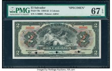 El Salvador Banco Central de Reserva de El Salvador 2 Colones 31.8.1934 Pick 76s Specimen PMG Superb Gem Unc 67 EPQ. Red Specimen overprints; 3 POCs.
...