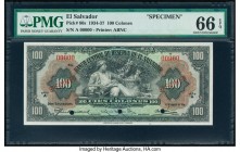 El Salvador Banco Central de Reserva de El Salvador 100 Colones 31.8.1934 Pick 80s Specimen PMG Gem Uncirculated 66 EPQ. Red Specimen overprints; 3 PO...