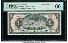 El Salvador Banco Central de Reserva de El Salvador 1 Colon 26.9.1944 Pick 83s Specimen PMG Gem Uncirculated 66 EPQ. Red Specimen overprint and three ...