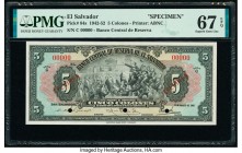 El Salvador Banco Central de Reserva de El Salvador 5 Colones 11.8.1942 Pick 84s Specimen PMG Superb Gem Unc 67 EPQ. Red Specimen overprints and three...