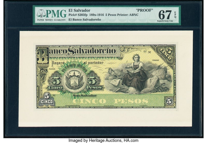 El Salvador Banco Salvadoreno 5 Pesos 189x-1916 Pick S203fp Proof PMG Superb Gem...