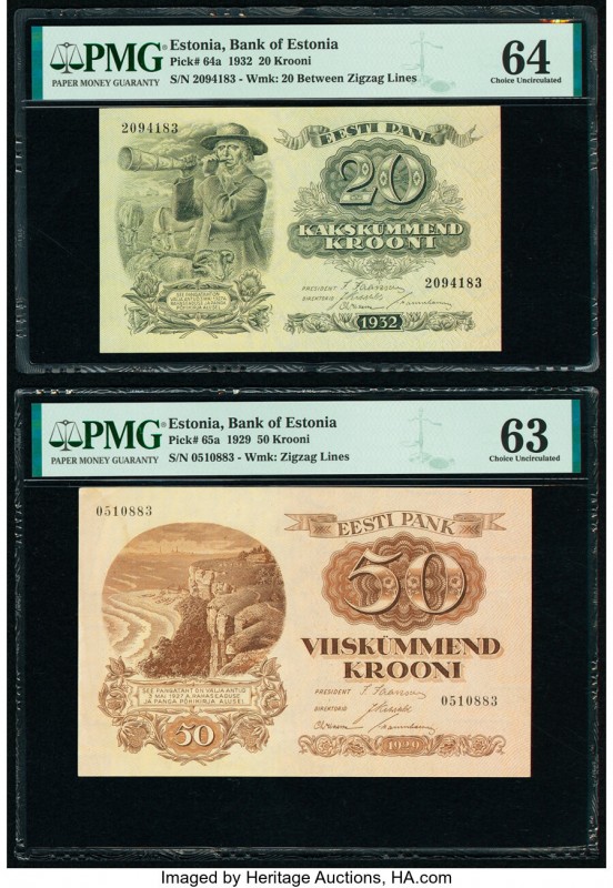 Estonia Bank of Estonia 20; 50 Krooni 1932; 1929 Pick 64a; 65a Two Examples PMG ...