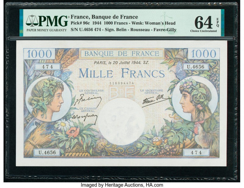 France Banque de France 1000 Francs 20.7.1944 Pick 96c PMG Choice Uncirculated 6...